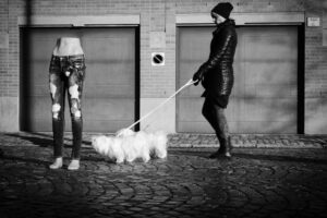 Woman with dog and mannequin - Mons, Belgium (2016)